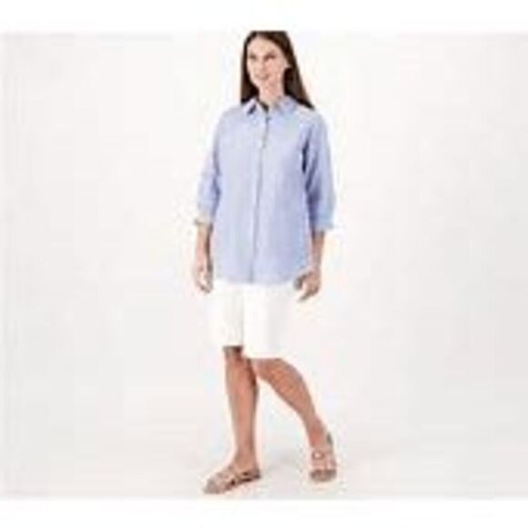 Joan Rivers Womens 3X Seersucker Shirt Blue Back Button Detail Hi Low Hem NWT - Picture 1 of 4